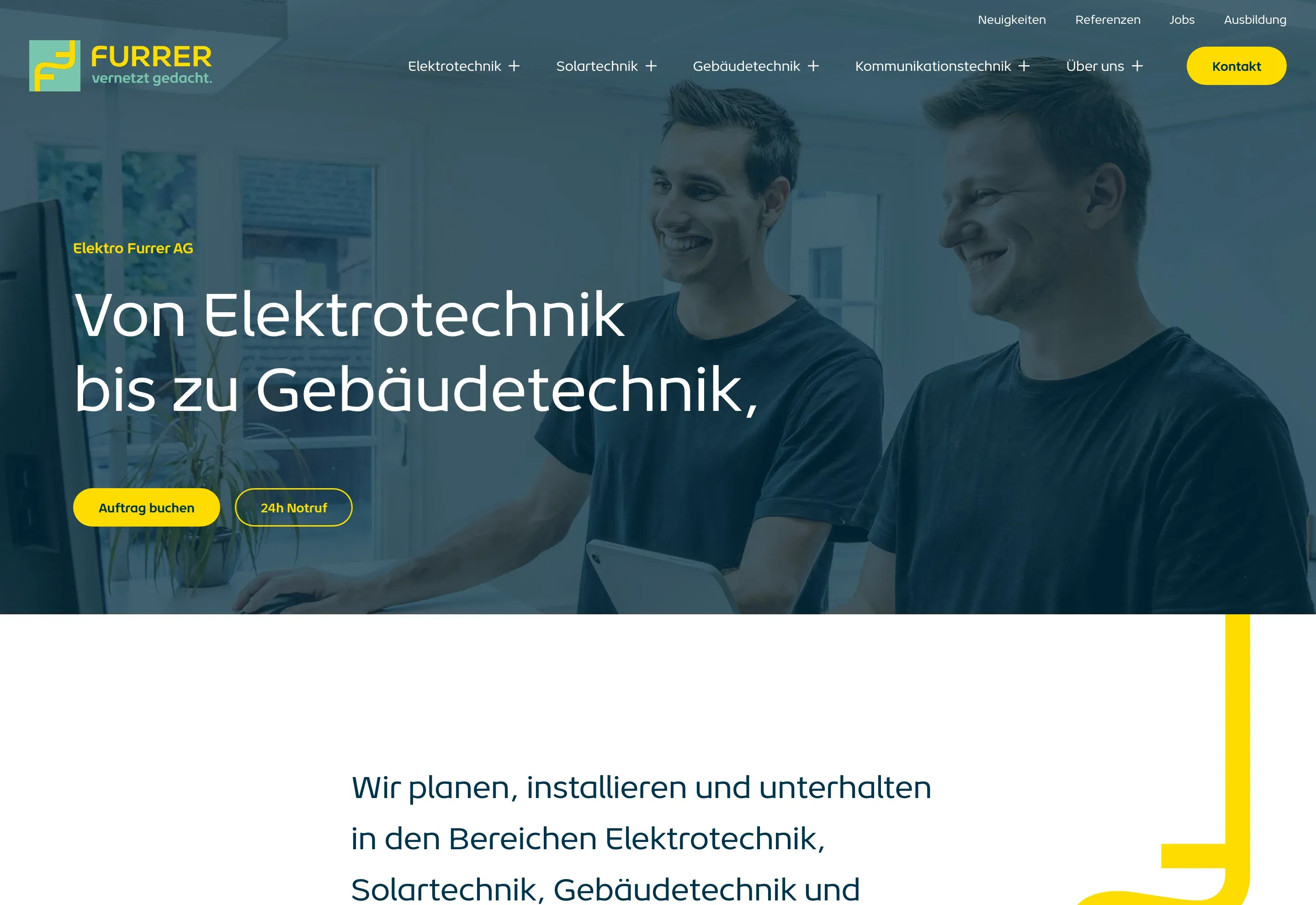 Startseite der Elektro Furrer AG mit dem Bogen von der Elektro- bis zur Gebäudetechnik