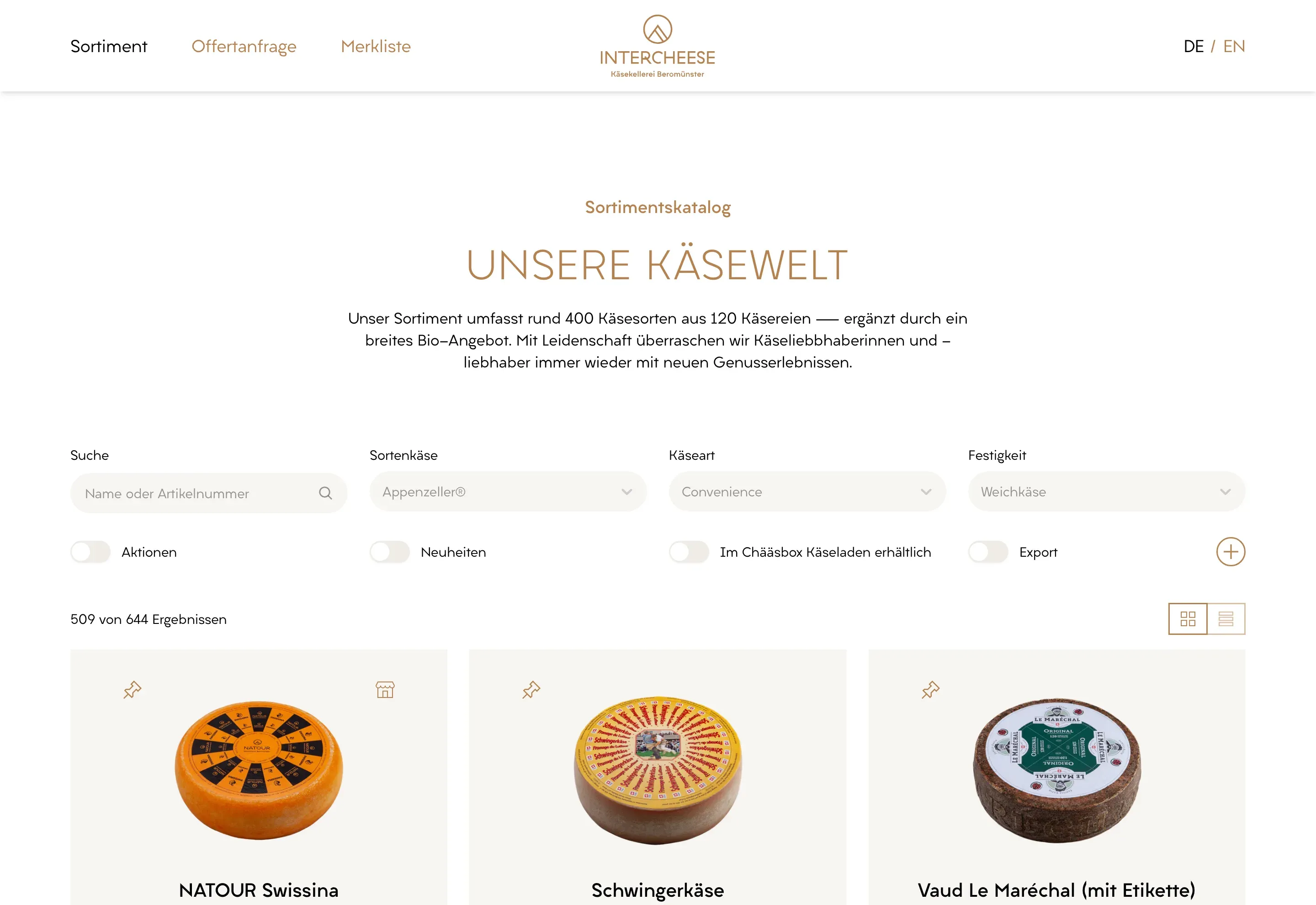 Startseite des Sortimentskatalogs mit Suche und Filtern