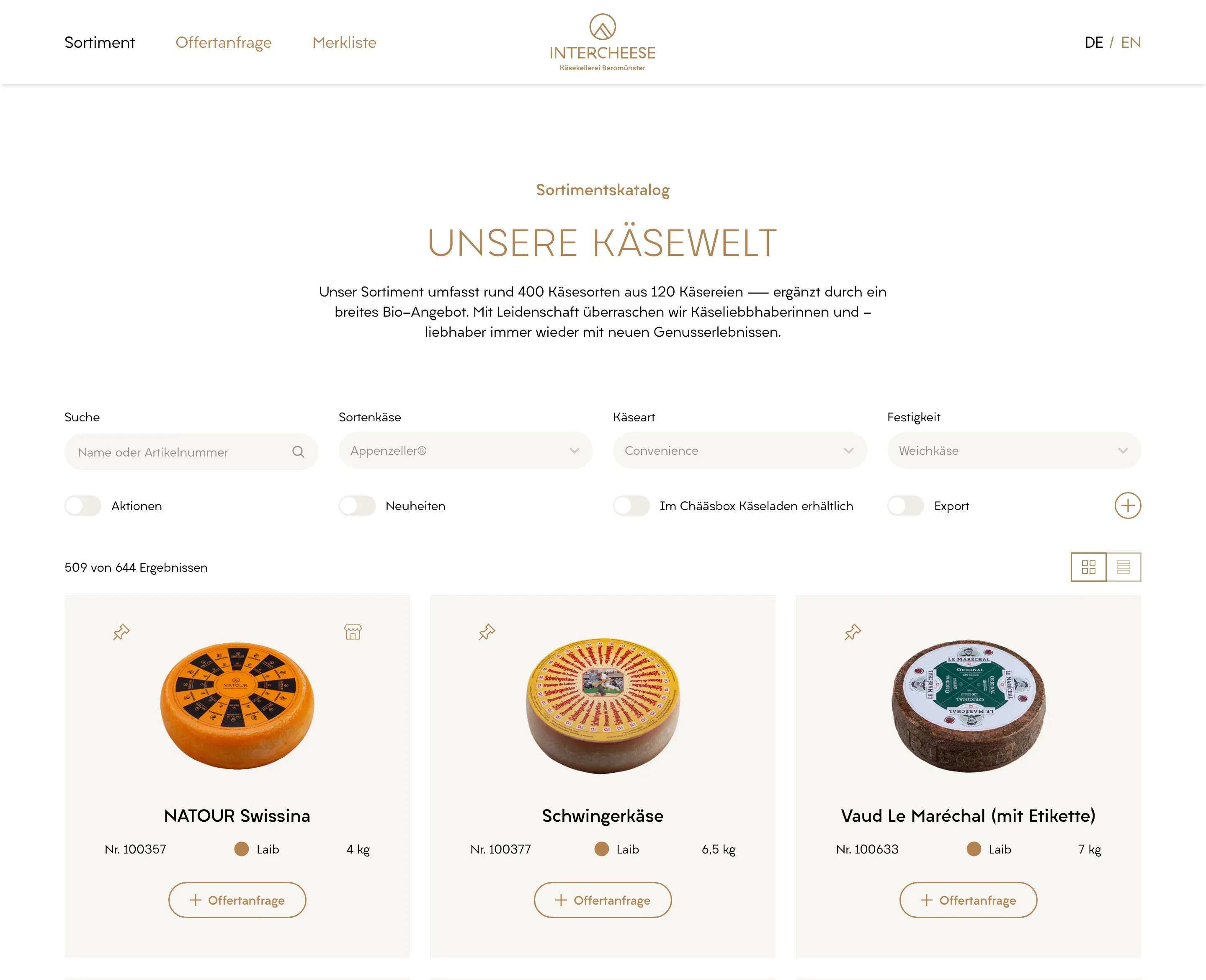 Screenshot von der Website InterCheese AG