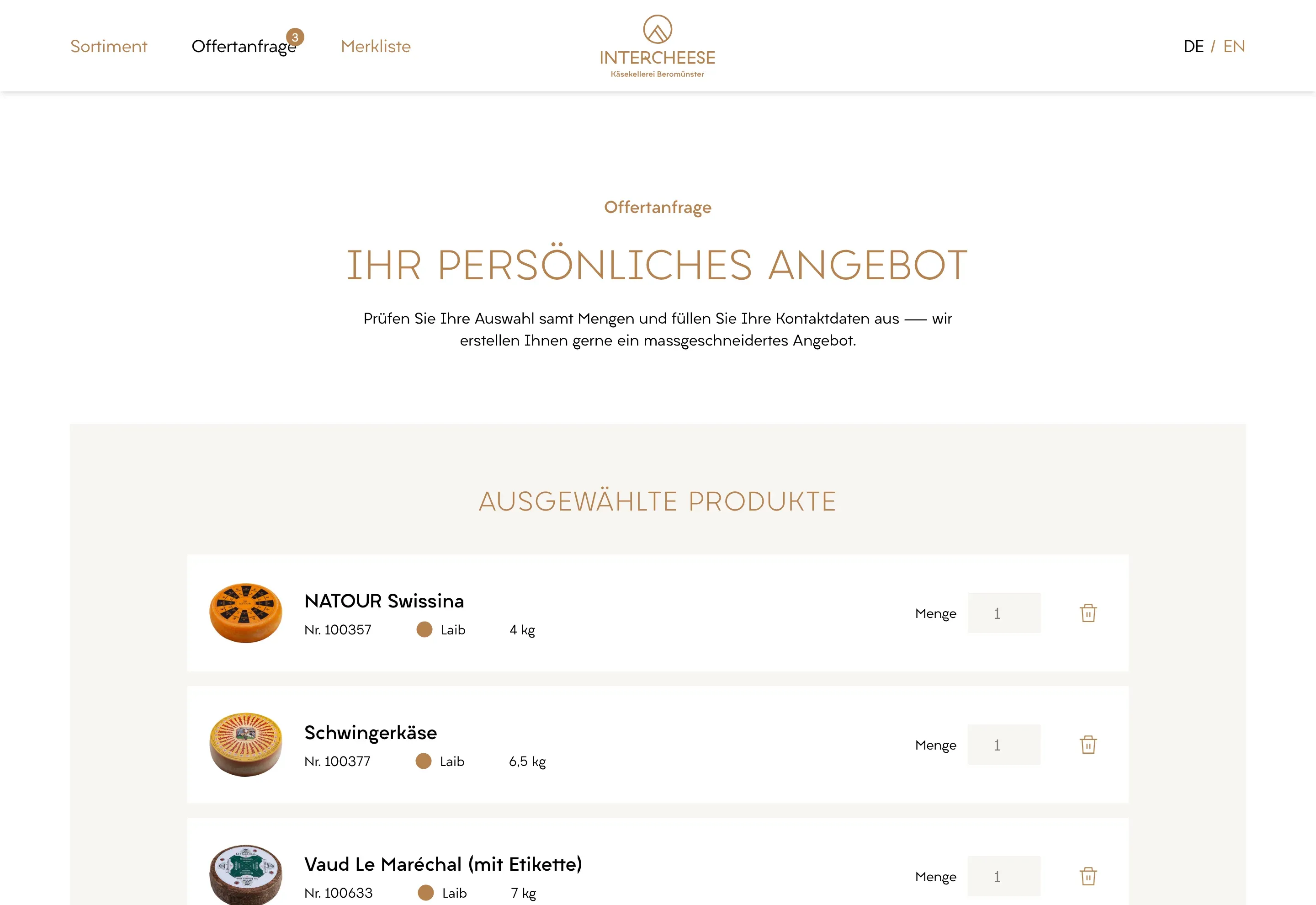 Offertenanfrage mit selbst zusammengestellter Produktauswahl