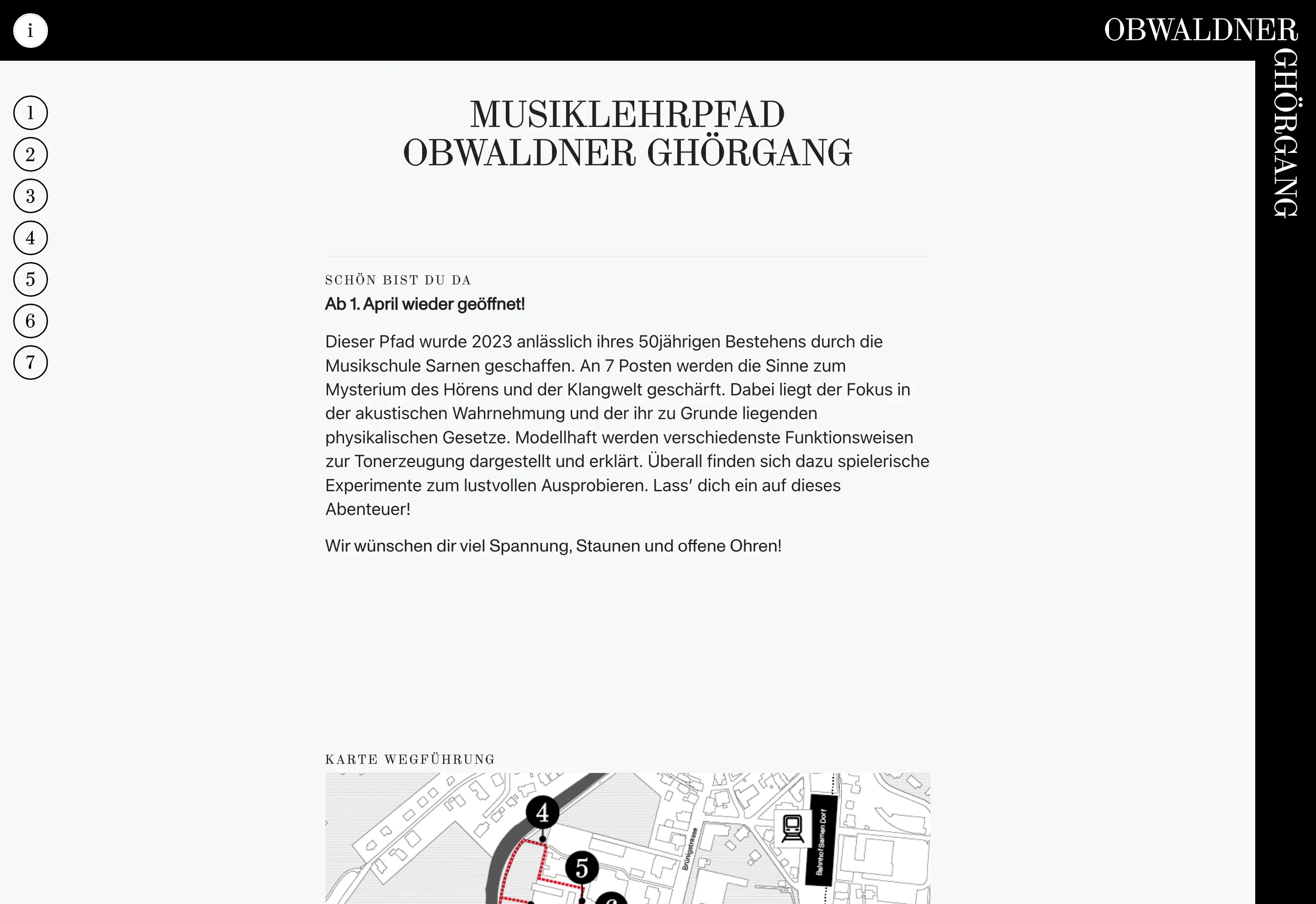 Infoseite mit Hintergründen zum Musiklehrpfad und Wegführungskarte